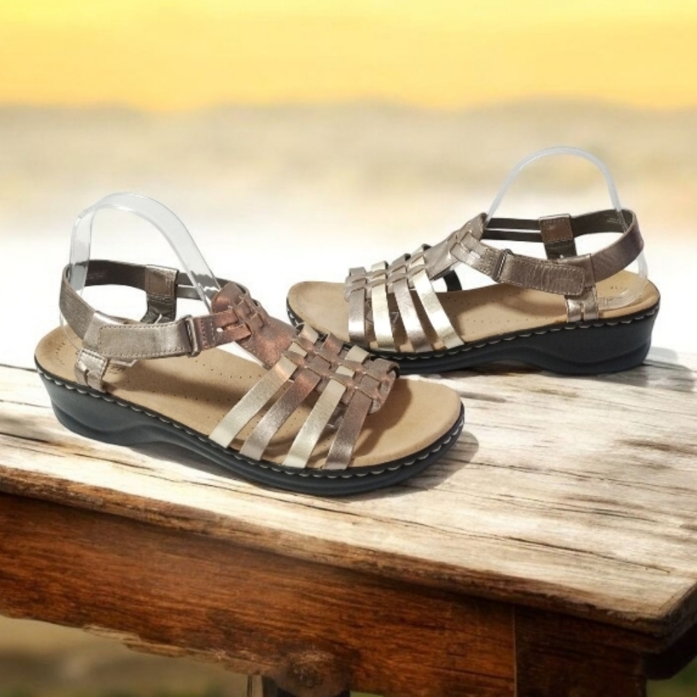 Clarks Women's Lexi Bridge Metallic Slingback Leather Sandals Shoes Size 12M